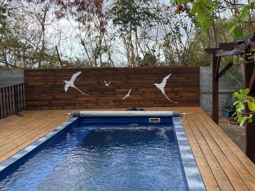 a swimming pool with birds on a wooden fence at La Kaz Paille en Queue, Magnifique Villa F5 récemment rénovée avec piscine et Jacuzzi sur La Possession in La Possession