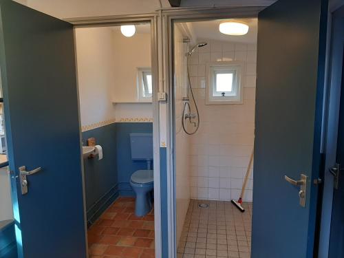een badkamer met een douche en een toilet bij Eb in Callantsoog