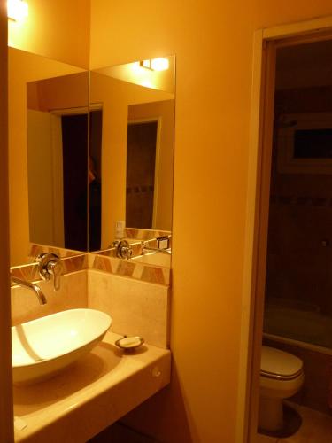 a bathroom with a sink and a toilet and a mirror at Apartments Seeblick Bariloche in San Carlos de Bariloche