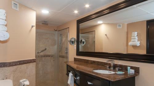 a bathroom with a sink and a shower with a mirror at BelAir Unique Mexico City WTC, Trademark by Wyndham in Mexico City