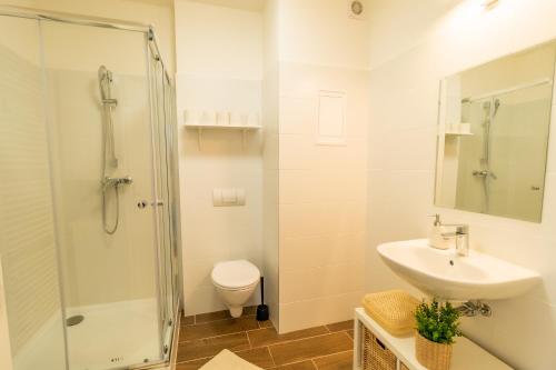W łazience znajduje się prysznic, umywalka i toaleta. w obiekcie Apartmán Liptov w Liptowskim Mikulaszu