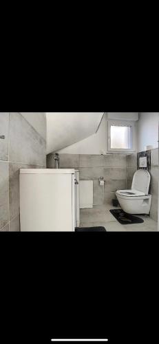 une salle de bain avec toilettes et lavabo dans l'établissement La villa petite Camargue, à Saint-Louis