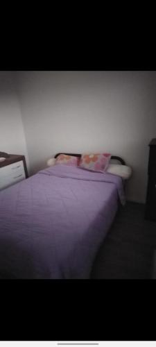 a bed with purple sheets and pillows in a bedroom at Appartement Ipanema Sud in Canet-en-Roussillon