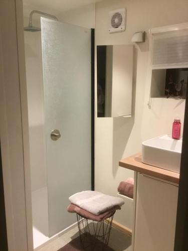 OpglabbeekにあるVakantiehuis de wereldburger Worldcitizenのバスルーム(シャワー、洗面台の横のスツール付)