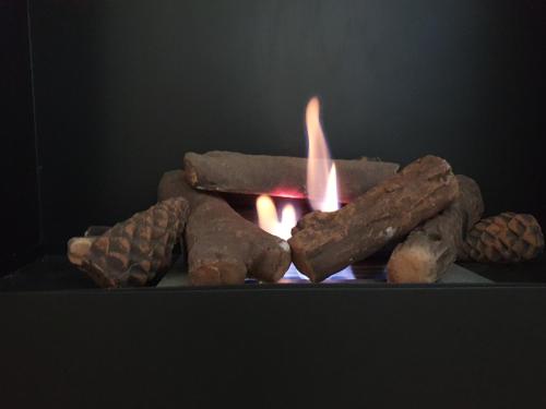 a fireplace with rocks and a fire in it at Maison confortable, terrasse et jardin à Amiens in Amiens