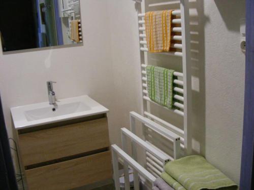 une salle de bain avec un lavabo, un miroir et des serviettes dans l'établissement Studio Continental côté jardin, à Vittel