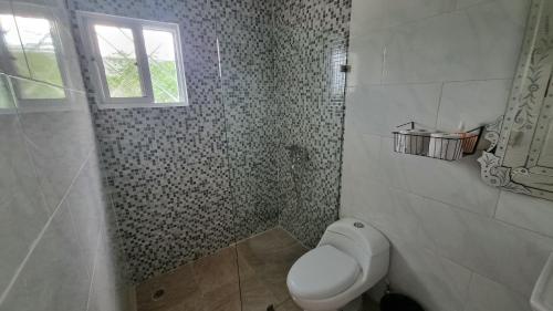 a bathroom with a toilet and a window at Unique and quiet APARTMENTS La Botánica Tropical in Punta Cana