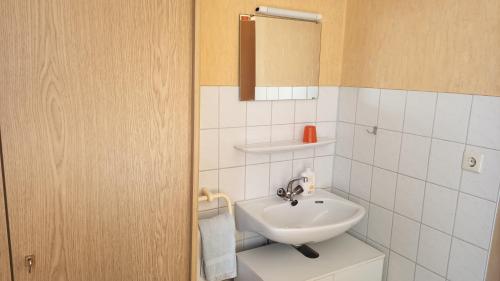 uma casa de banho com um lavatório e um espelho em Gasthaus Krone em Pforzheim
