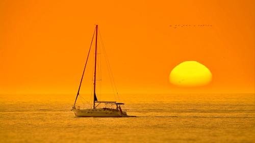 a sailboat in the ocean with the sunset in the background at Apartamento GUADIANA RÍA - Centro in Ayamonte