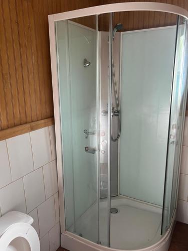 a glass shower in a bathroom with a toilet at Cabañas y condominio los pretiles in Pinto