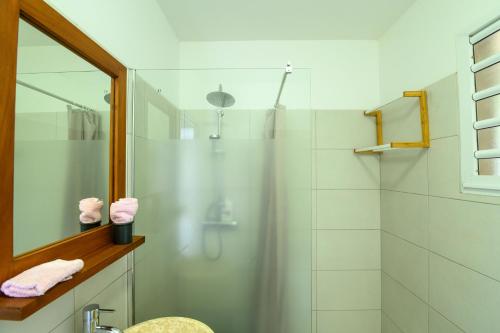 y baño con ducha, lavabo y espejo. en VILLA EDINA , Exceptionnel aux Trois ILETS,T3 vue incroyable sur FDF en Les Trois-Îlets