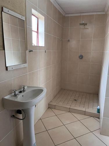 La salle de bains est pourvue d'un lavabo et d'une douche. dans l'établissement Izinjiki Namacusi Guest Farm, à Amsterdam
