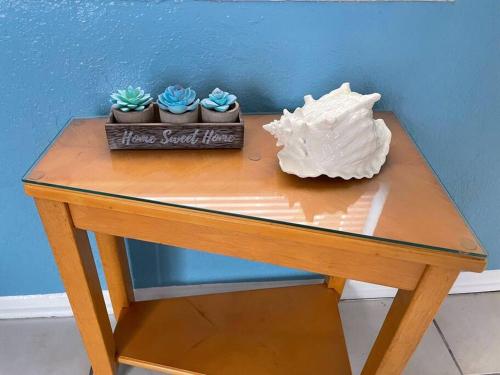 a wooden table with three cactuses on it at Entire Home by Siesta Key/closed to downtown in Sarasota