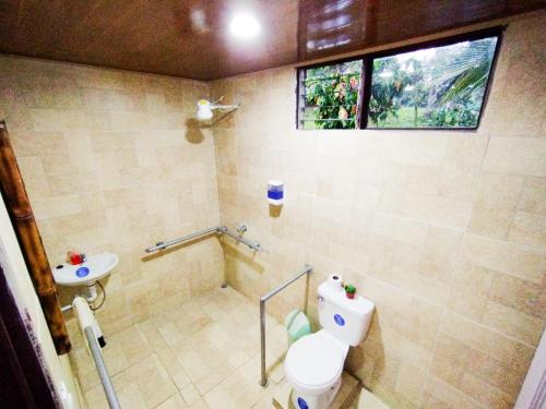 uma casa de banho com um WC e um lavatório em Hospedaje Luis & Ana em Pejibaye