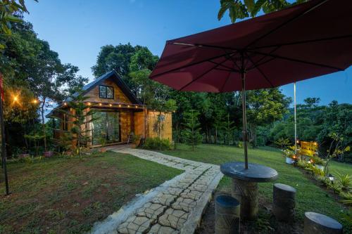 Mountain lake Island Cabin Sierra - for family Getaway في غافيتي: طاولة مع مظلة أمام المنزل