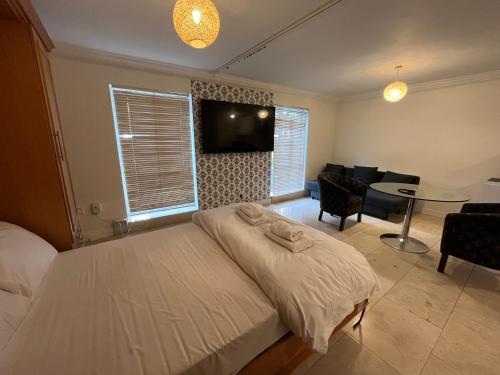 ダブリンにあるThe Gardiner Studioのベッドルーム1室(ベッド1台付)、リビングルームが備わります。