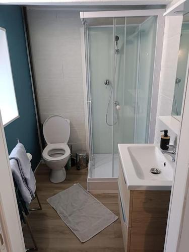 La salle de bains est pourvue d'une douche, de toilettes et d'un lavabo. dans l'établissement T2 entre Quimper et Concarneau, proche gare., à Rosporden