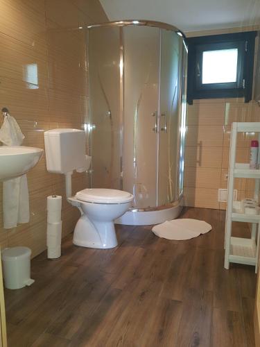 a bathroom with a shower and a toilet and a sink at Muskátli Apartman in Bogács