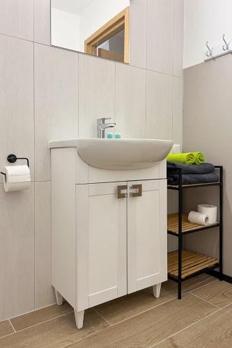 a bathroom with a white sink and a mirror at Kastanimaja Apartments in Tartu