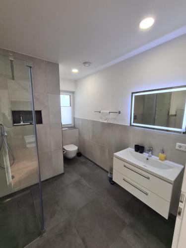 W łazience znajduje się umywalka, prysznic i toaleta. w obiekcie Panorama Penthouse w Füssen