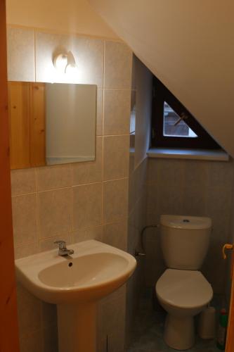 uma casa de banho com um lavatório e um WC em Penzión Dúha em Dedinky