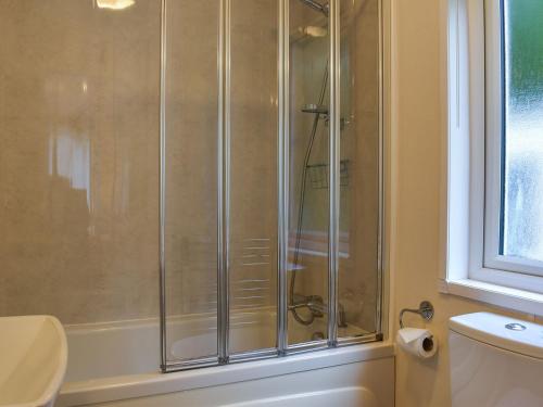 a shower with a glass door in a bathroom at Elm Lodge in Ilfracombe