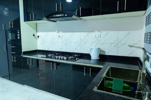 a black and white kitchen with a stove and a sink at Cc & Cg Homes Luxury 4-Beds Apart Abuja-24Hrs Power in Abuja