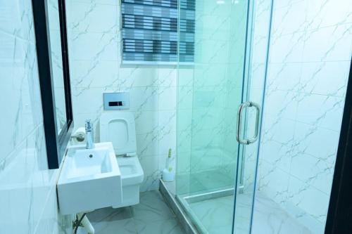 a bathroom with a shower and a toilet and a sink at Cc & Cg Homes Luxury 4-Beds Apart Abuja-24Hrs Power in Abuja