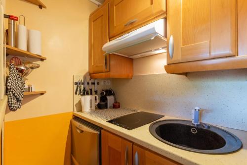 a kitchen with a sink and wooden cabinets at Hypercenter at the foot of the slopes in Le Grand-Bornand