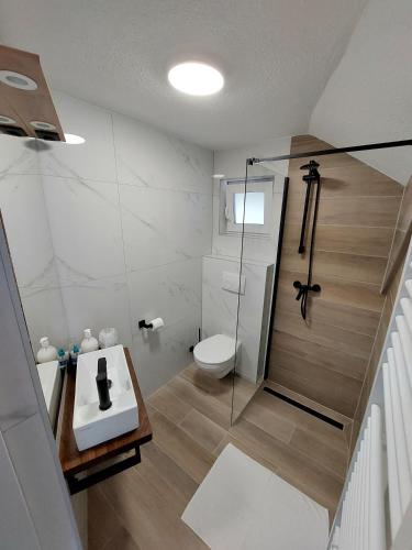 a bathroom with a shower and a toilet and a sink at Apartments & rooms Velebit in Lovinac