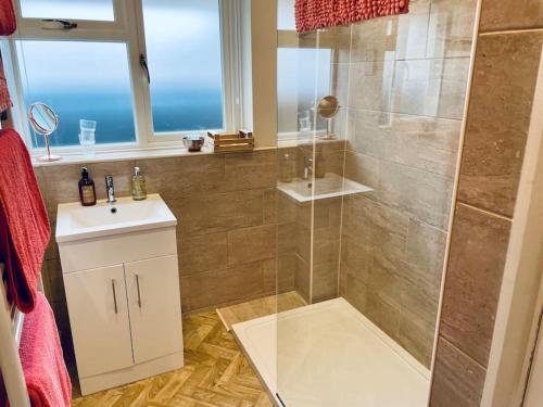 bagno con doccia, lavandino e servizi igienici di Apartment with own entrance & terrace on West Hill a Hastings