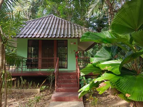 a small green house with a staircase leading to it at Khao Sok River & Jungle Bungalow in Khao Sok