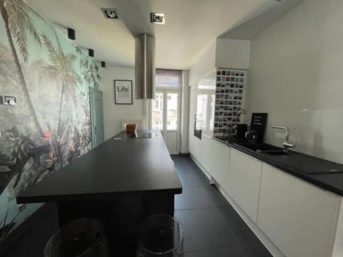 a kitchen with a black counter top in a room at Appart Cosy 55m2 avec Balcon proche Gare 2P in Metz