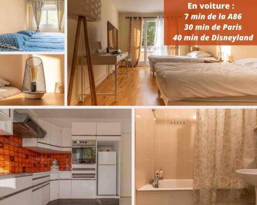 un collage de photos d'une chambre et d'une salle de bains dans l'établissement T2 calme et spacieux Plumerette , Créteil -Idéal Pro, à Créteil
