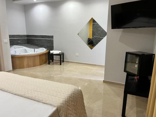 a room with a tub and a bed and a television at Agri-Resort Luxury Farm in Marigliano