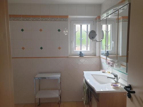 ein Bad mit einem Waschbecken, einem Spiegel und einem Fenster in der Unterkunft La rocatelle in Andlau