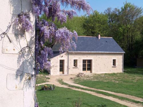 a white house with a tree with purple flowers at Le Bois Davy in Le Thoureil