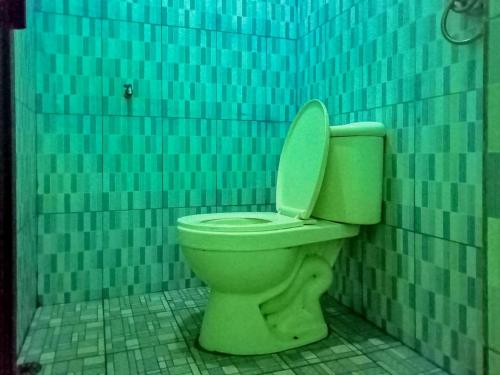ein grünes WC in einem blau gefliesten Bad in der Unterkunft Wisma Benteng Indah Palopo in Palopo