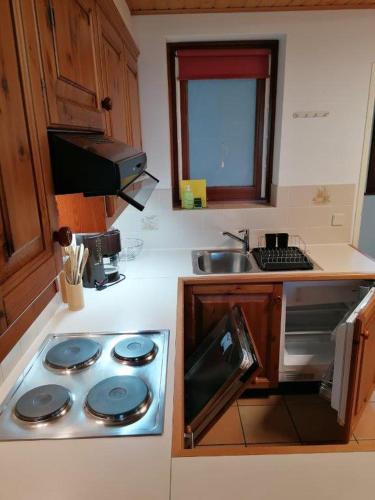 a kitchen with a stove and a sink at Gerlitzen Ferienappartement Paul im Ski- und Wandergebiet, Kanzelhöhe, Ossiacher See in Deutschberg