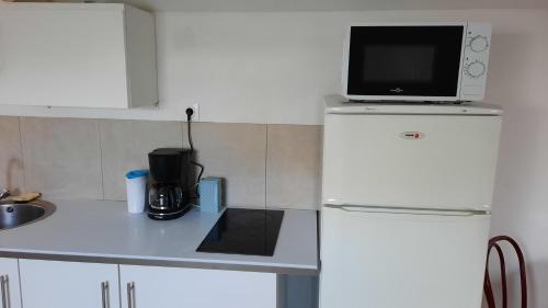 Il comprend une petite cuisine équipée d'un réfrigérateur blanc et d'un four micro-ondes. dans l'établissement Studio n'4 Rue St Pierre, à Montdidier