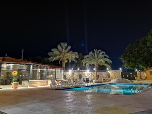 a swimming pool at night with chairs and palm trees at Bab Al Shams Resort in Jericho