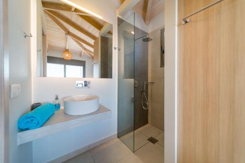ein Bad mit einem Waschbecken und einer Dusche in der Unterkunft Sea Forever Holiday Home in Ratzaklíon