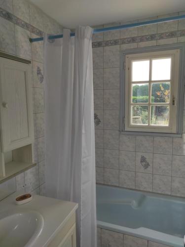 a bathroom with a white shower curtain and a sink at Maison de village avec exterieur in Oysonville