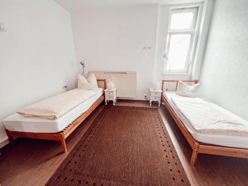 two beds in a room with two windows at Linden Apartment Wolfenbüttel in Wolfenbüttel