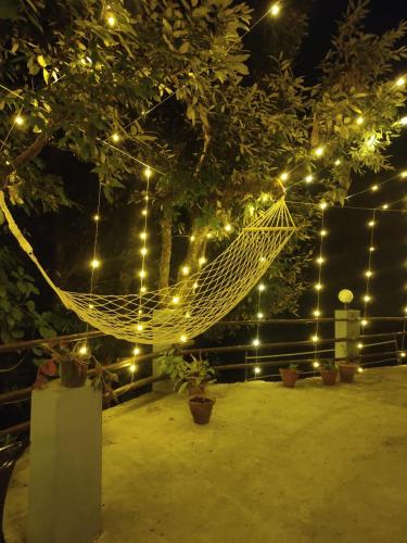 a hammock in a garden with lights at night at Bajoon homestay in Bhīm Tāl