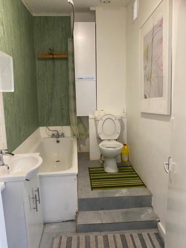 a bathroom with a sink and a toilet and a bath tub at Double Room in London