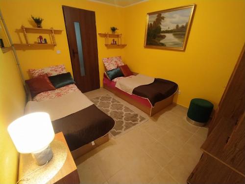 two beds in a room with yellow walls at Apartament KARINA 2 in Tylicz