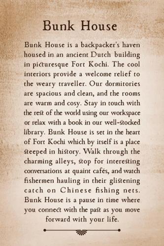 a page from a book with the words bump house at Bunk house Fort Kochi in Cochin