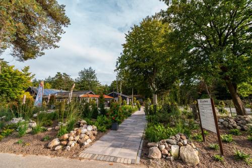 un camino en un jardín con flores y plantas en EuroParcs De Wiltzangh, en Ruinen