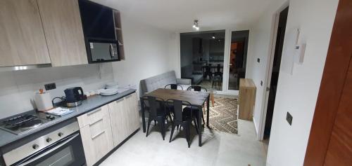 a kitchen with a table and chairs in a room at DEPA CENTRO VALDIVIA in Valdivia